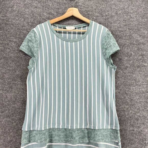 Weekend Blouse Women L Large Blue Striped Short Sleeve Round Neck Pullover - Picture 3 of 9